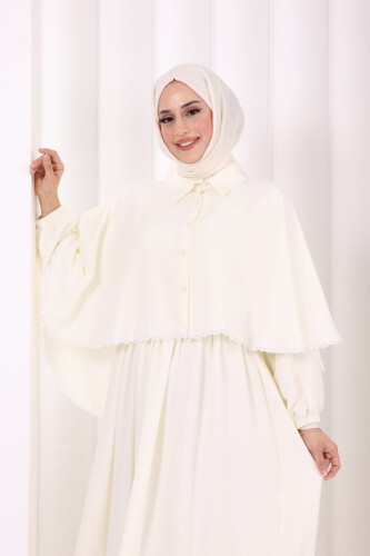 Güpür Detay Pelerinli Elbise 6079 Ekru - 5