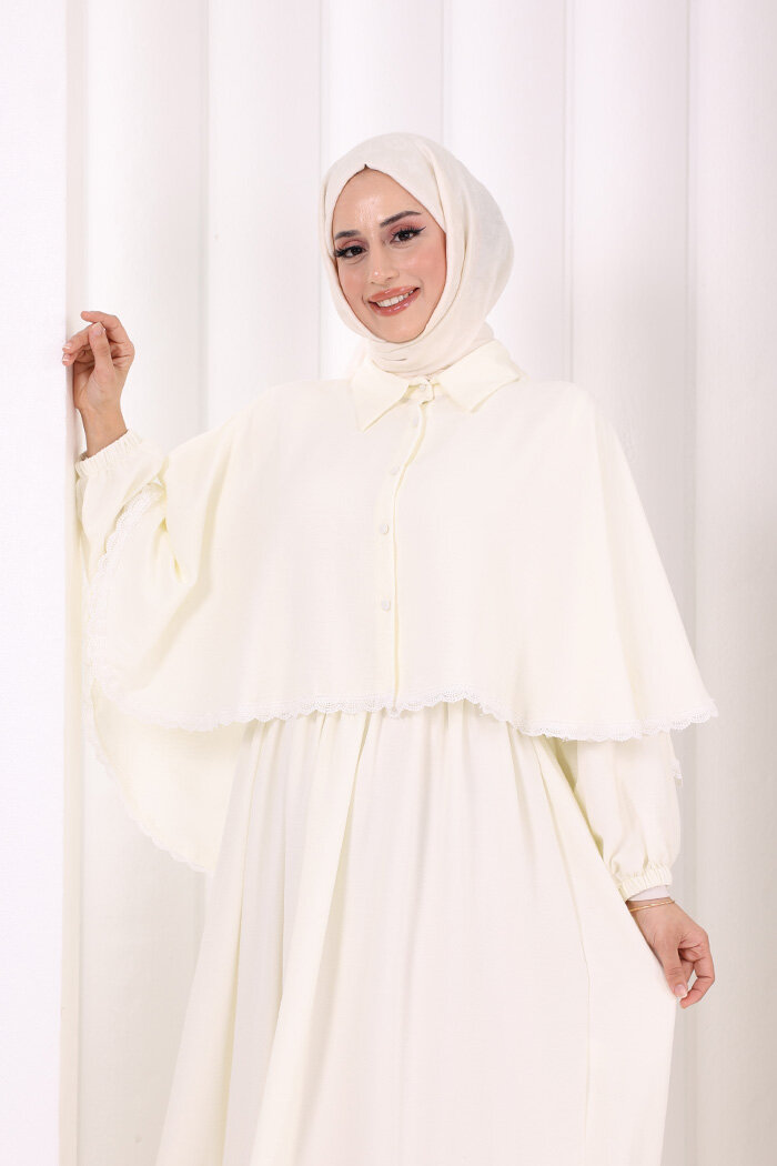 Güpür Detay Pelerinli Elbise 6079 Ekru - 5