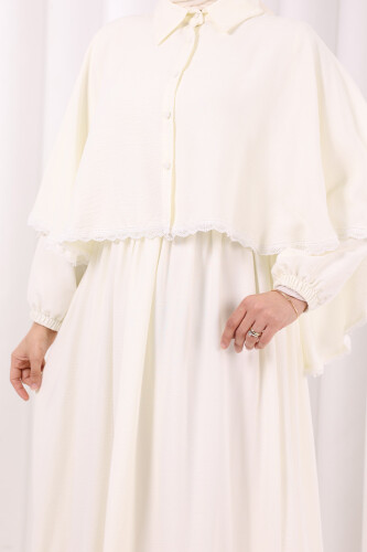 Güpür Detay Pelerinli Elbise 6079 Ekru - 6