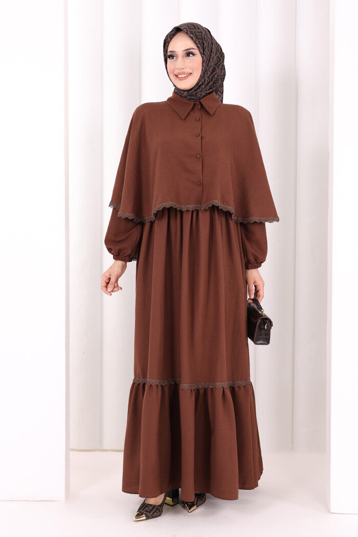 Güpür Detay Pelerinli Elbise 6079 Kahverengi - 1