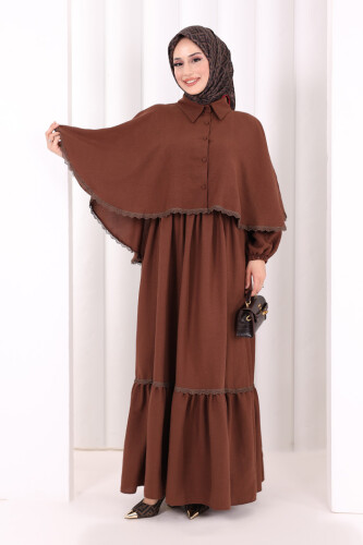 Güpür Detay Pelerinli Elbise 6079 Kahverengi - 2
