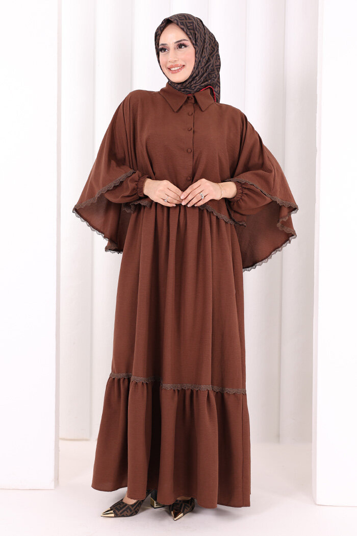 Güpür Detay Pelerinli Elbise 6079 Kahverengi - 3