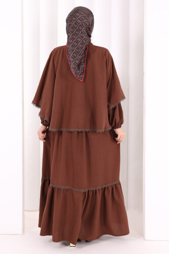 Güpür Detay Pelerinli Elbise 6079 Kahverengi - 5