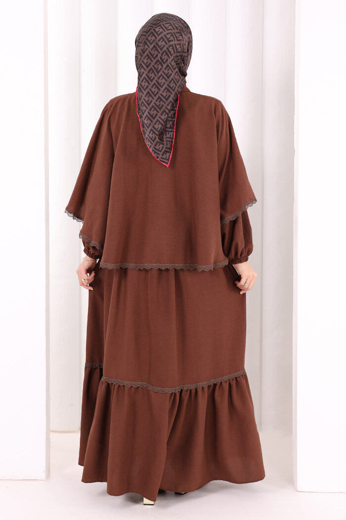 Güpür Detay Pelerinli Elbise 6079 Kahverengi - 5