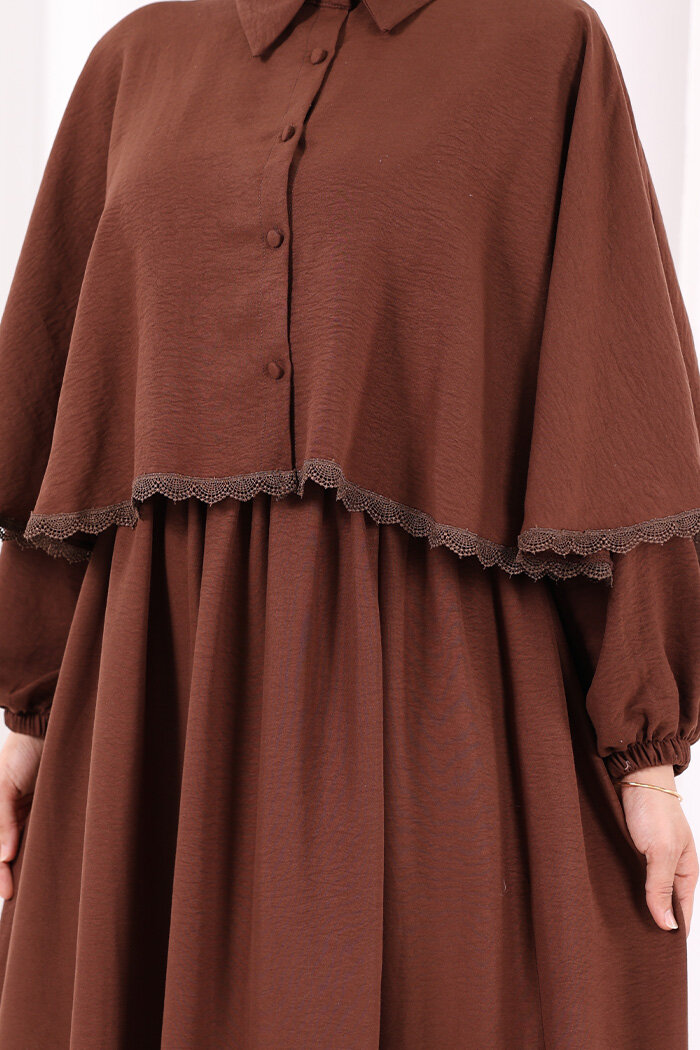 Güpür Detay Pelerinli Elbise 6079 Kahverengi - 7