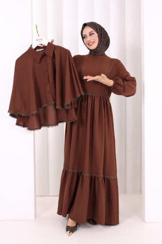 Güpür Detay Pelerinli Elbise 6079 Kahverengi - 8