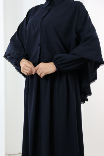 Güpür Detay Pelerinli Elbise 6079 Lacivert - 6