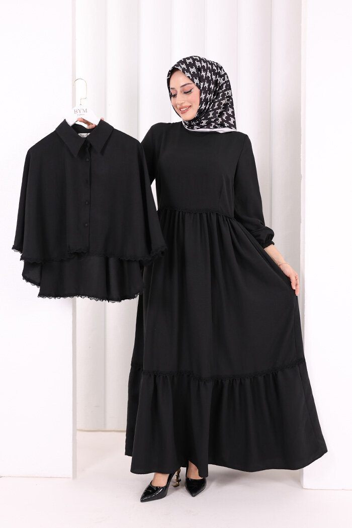 Güpür Detay Pelerinli Elbise 6079 Siyah - 1