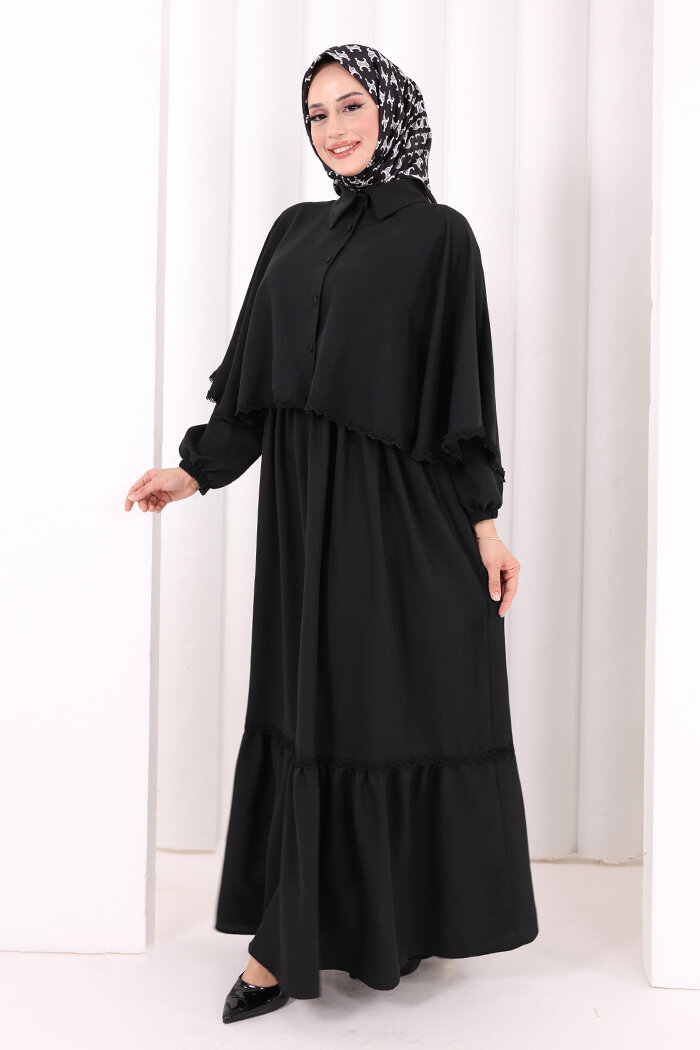 Güpür Detay Pelerinli Elbise 6079 Siyah - 3