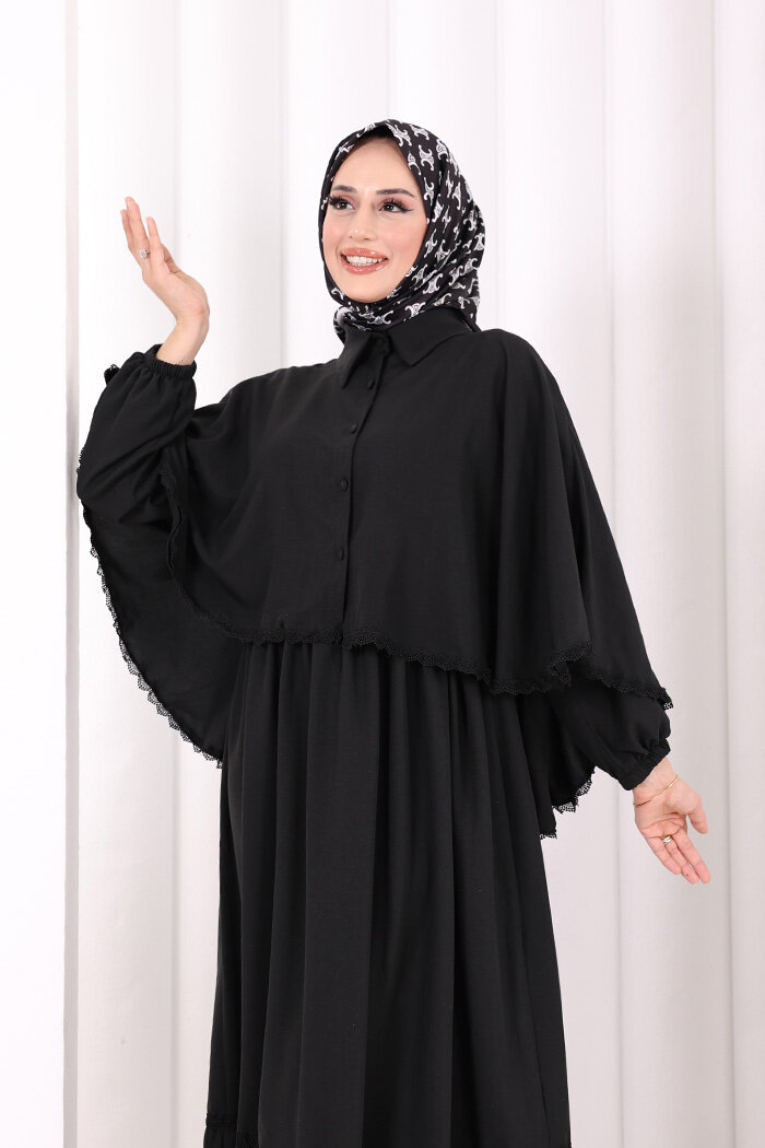 Güpür Detay Pelerinli Elbise 6079 Siyah - 5