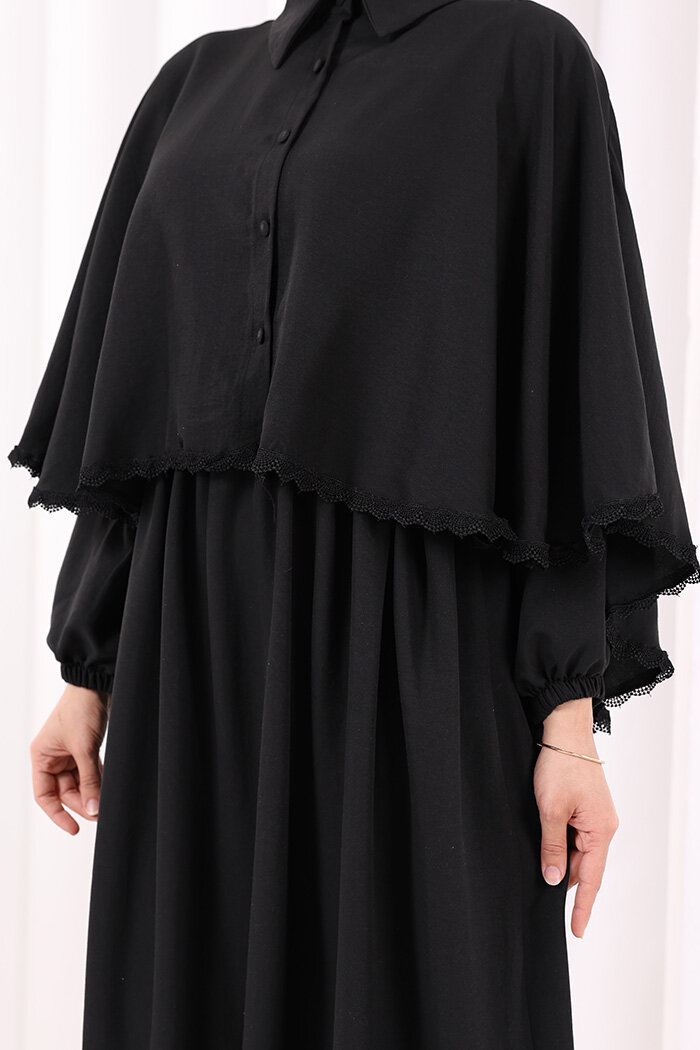 Güpür Detay Pelerinli Elbise 6079 Siyah - 6