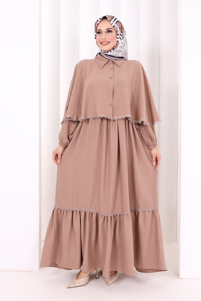 Güpür Detay Pelerinli Elbise 6079 Somon - 1