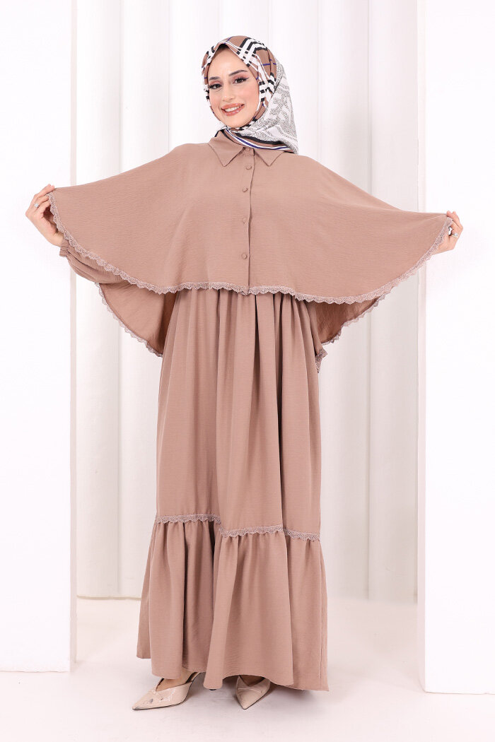 Güpür Detay Pelerinli Elbise 6079 Somon - 2