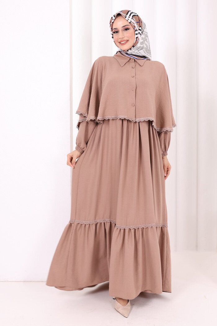 Güpür Detay Pelerinli Elbise 6079 Somon - 3