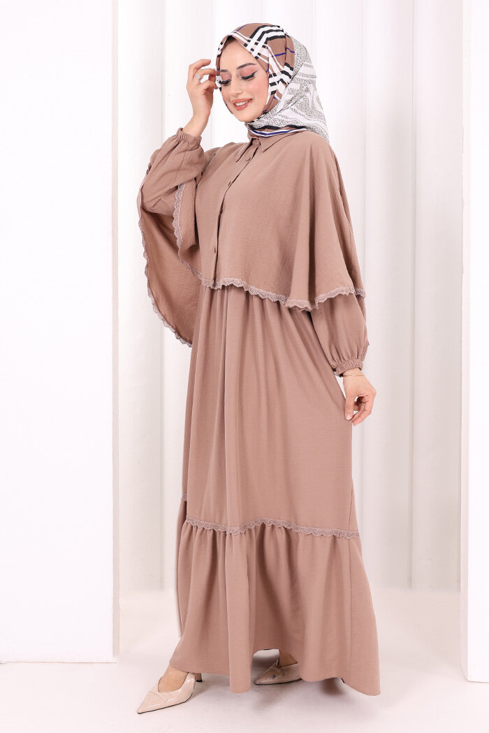 Güpür Detay Pelerinli Elbise 6079 Somon - 4