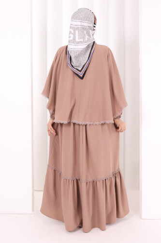 Güpür Detay Pelerinli Elbise 6079 Somon - 5