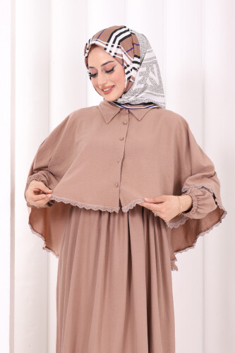 Güpür Detay Pelerinli Elbise 6079 Somon - 6