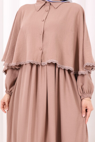 Güpür Detay Pelerinli Elbise 6079 Somon - 7