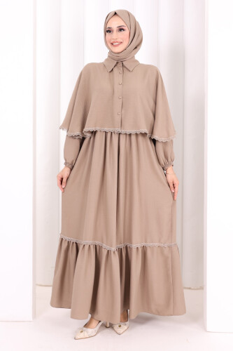 Güpür Detay Pelerinli Elbise 6079 Vizon