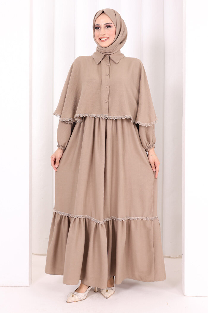 Güpür Detay Pelerinli Elbise 6079 Vizon - 1