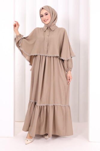 Güpür Detay Pelerinli Elbise 6079 Vizon - 2