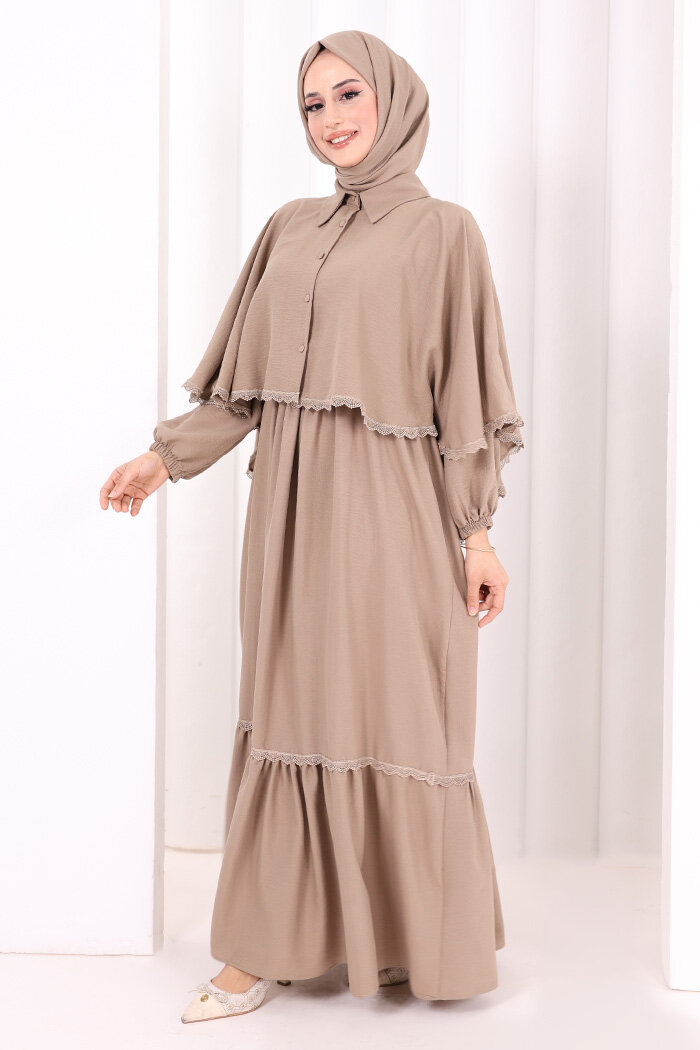 Güpür Detay Pelerinli Elbise 6079 Vizon - 3