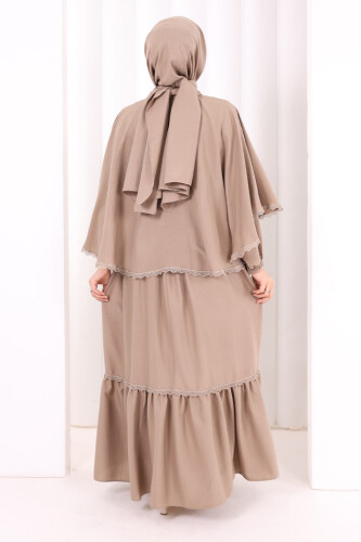 Güpür Detay Pelerinli Elbise 6079 Vizon - 4