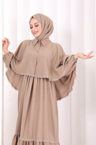 Güpür Detay Pelerinli Elbise 6079 Vizon - 5