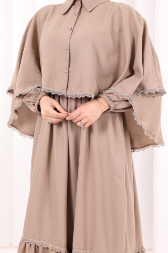 Güpür Detay Pelerinli Elbise 6079 Vizon - 6