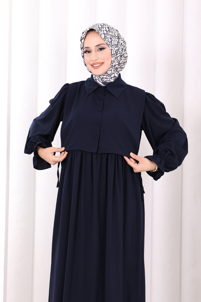 Pelerinli Elbise 6082 Lacivert - 5