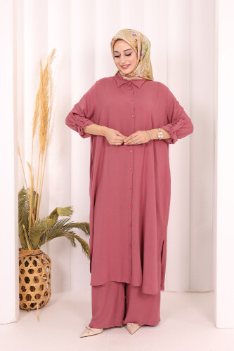 Hac Umre Düğmeli İkili Takım 6057 Gül Kurusu - 2