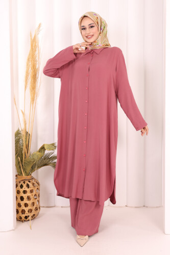 Hac Umre Düğmeli İkili Takım 6057 Gül Kurusu - 4