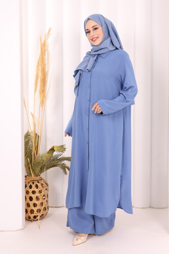 Hac Umre Düğmeli İkili Takım 6057 İndigo 