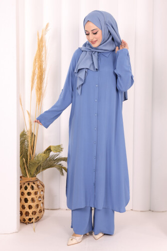 Hac Umre Düğmeli İkili Takım 6057 İndigo - 2