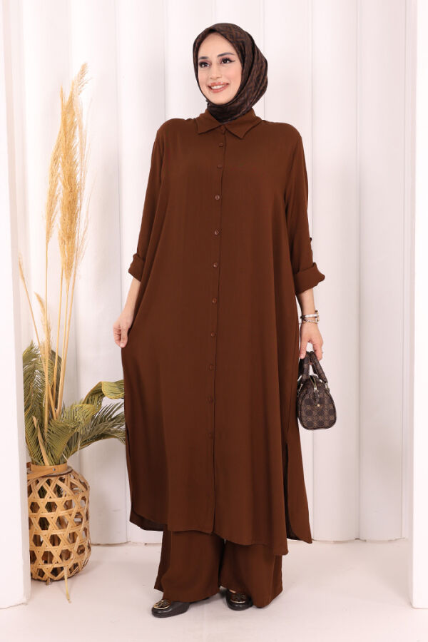 Hac Umre Düğmeli İkili Takım 6057 Kahverengi - 1