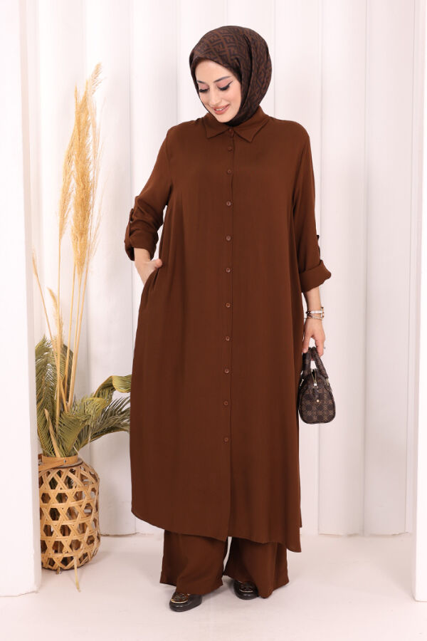 Hac Umre Düğmeli İkili Takım 6057 Kahverengi - 2