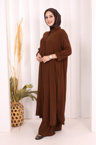 Hac Umre Düğmeli İkili Takım 6057 Kahverengi - 4