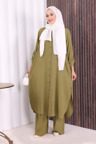 Hac Umre Düğmeli İkili Takım 6057 Yağ Yeşili - 3