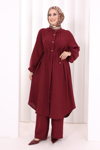 Hac Umre Keten Tunik Pantolon Takım 8013 Bordo - 1