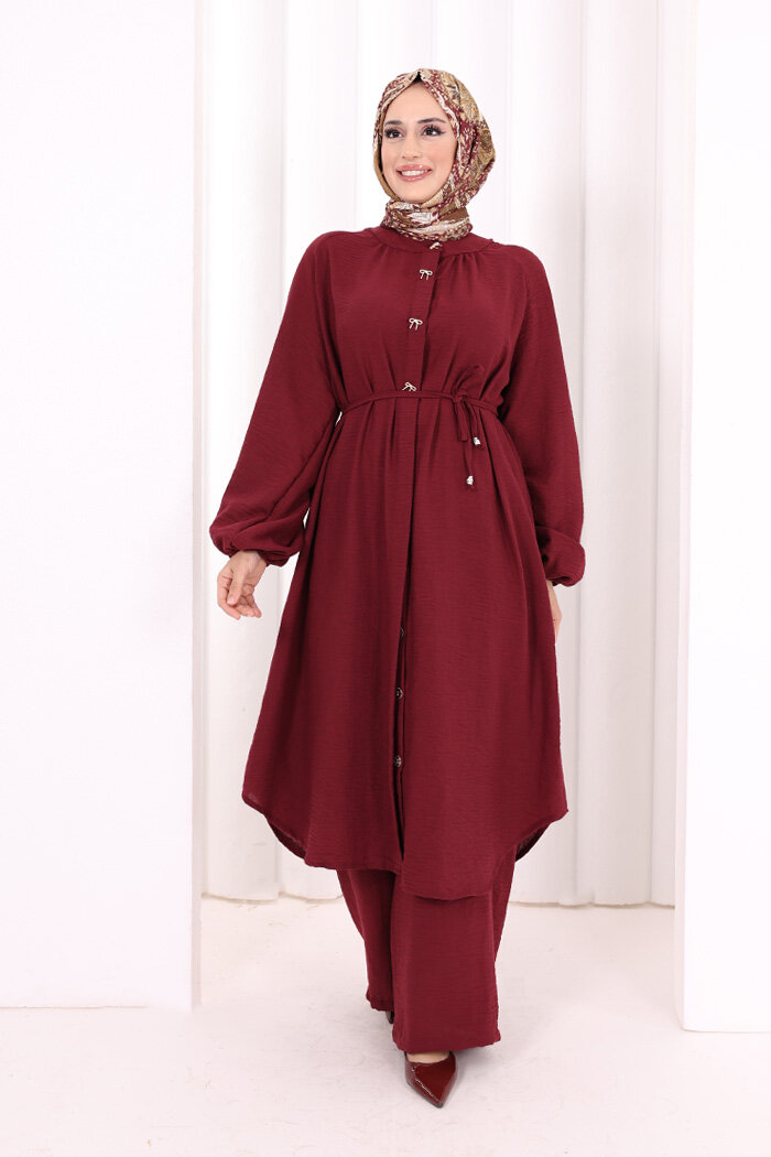 Hac Umre Keten Tunik Pantolon Takım 8013 Bordo - 2