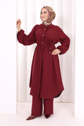 Hac Umre Keten Tunik Pantolon Takım 8013 Bordo - 3