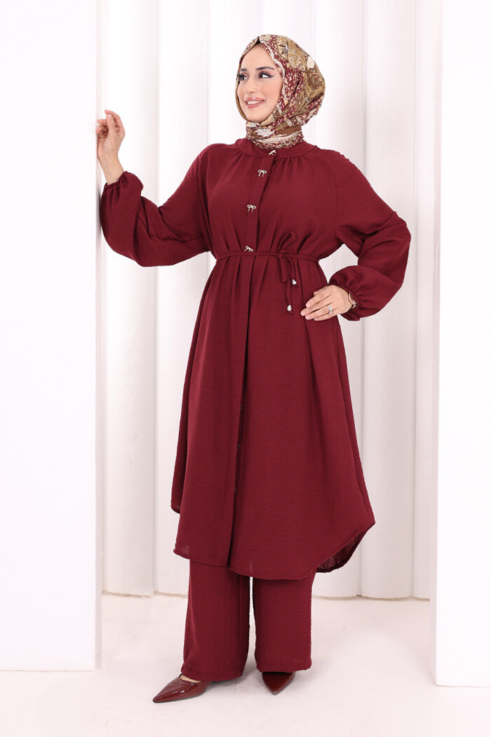 Hac Umre Keten Tunik Pantolon Takım 8013 Bordo - 3