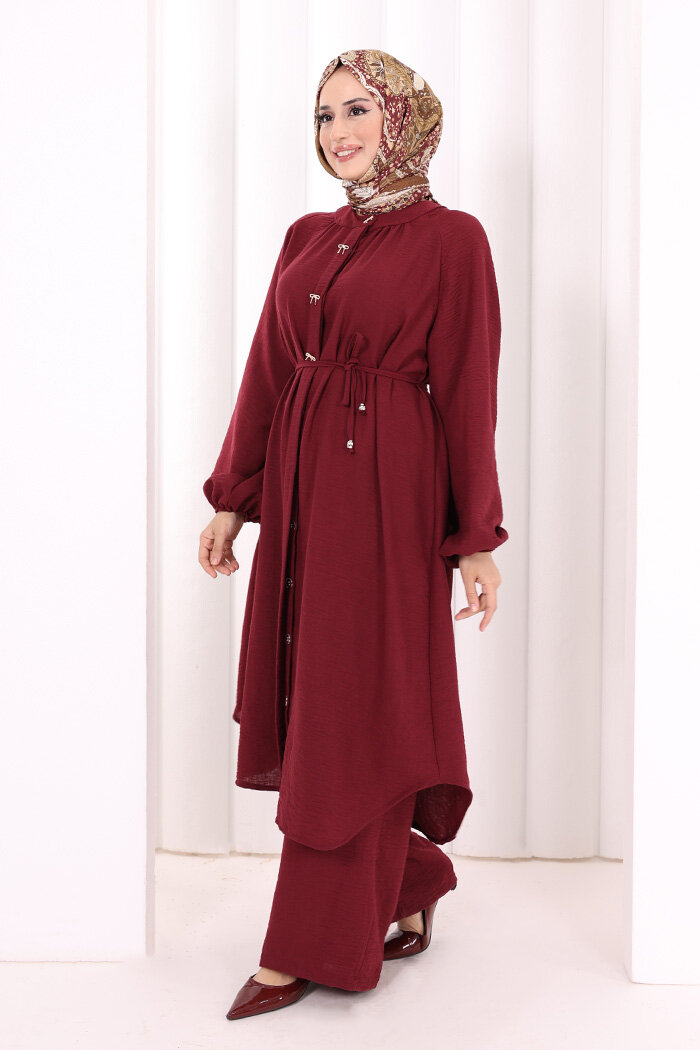 Hac Umre Keten Tunik Pantolon Takım 8013 Bordo - 4