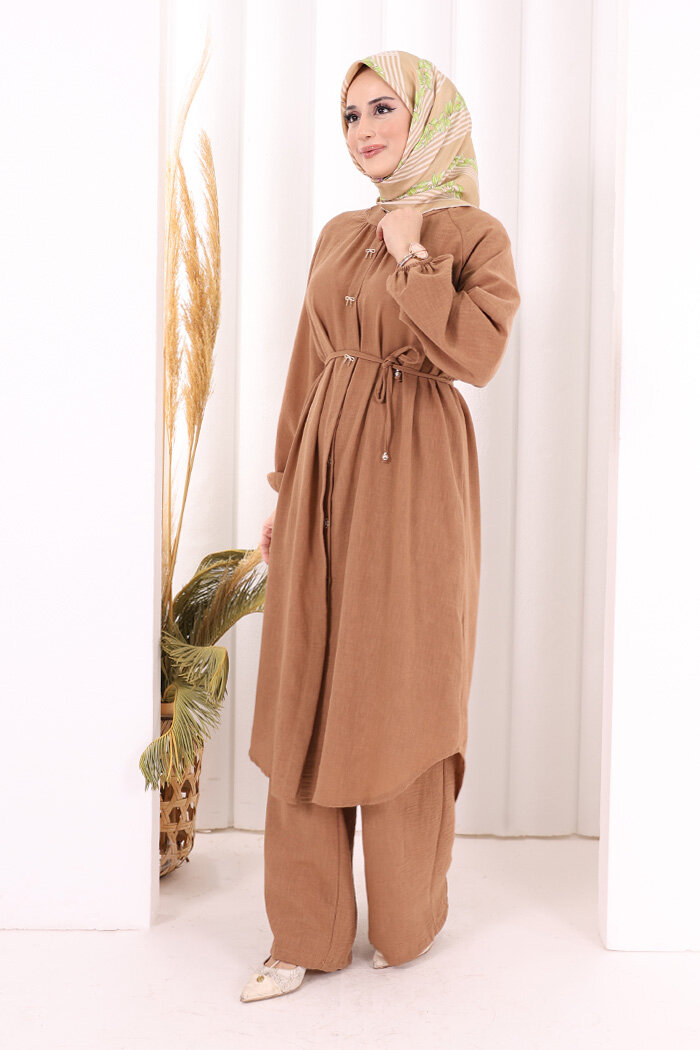 Hac Umre Keten Tunik Pantolon Takım 8013 Taba - 3