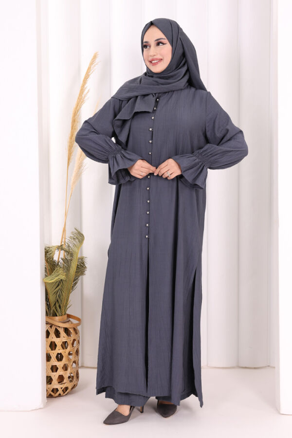 Hac  Umre Takım Önü Düğmeli Tunik,Pantolon  ŞAL  HEDİYE  8014 Füme - 2