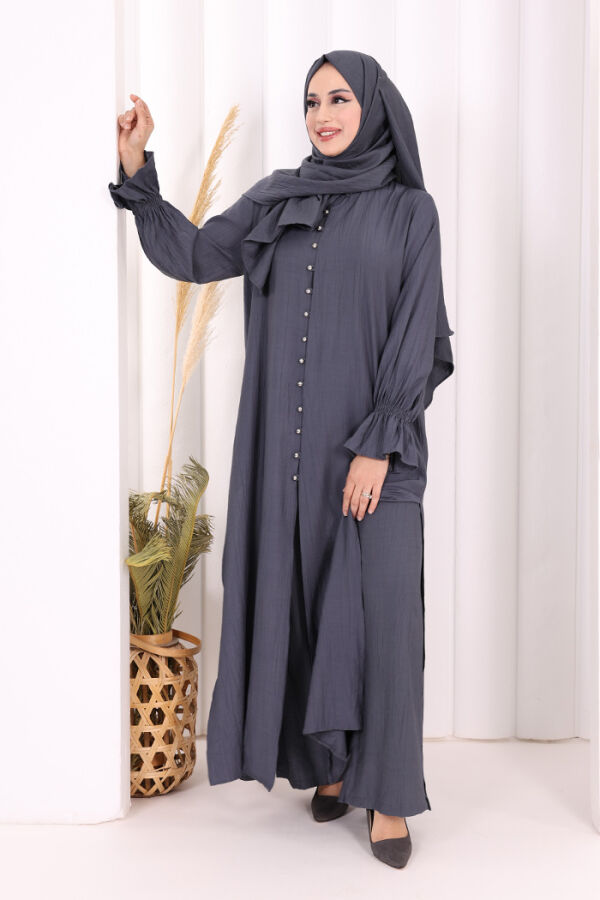 Hac  Umre Takım Önü Düğmeli Tunik,Pantolon  ŞAL  HEDİYE  8014 Füme - 3