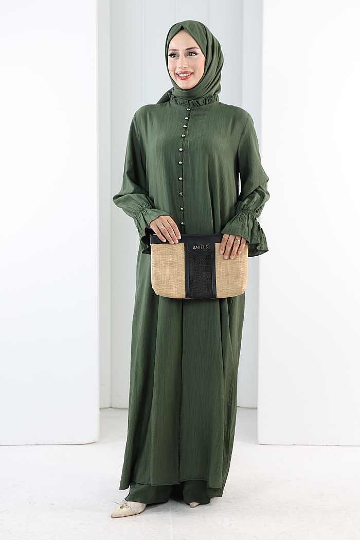 Hac Umre Takım Önü Düğmeli Tunik,Pantolon ŞAL HEDİYE 8014 Haki - 2