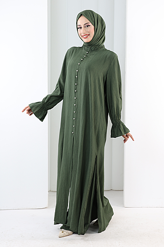 Hac Umre Takım Önü Düğmeli Tunik,Pantolon ŞAL HEDİYE 8014 Haki - 3