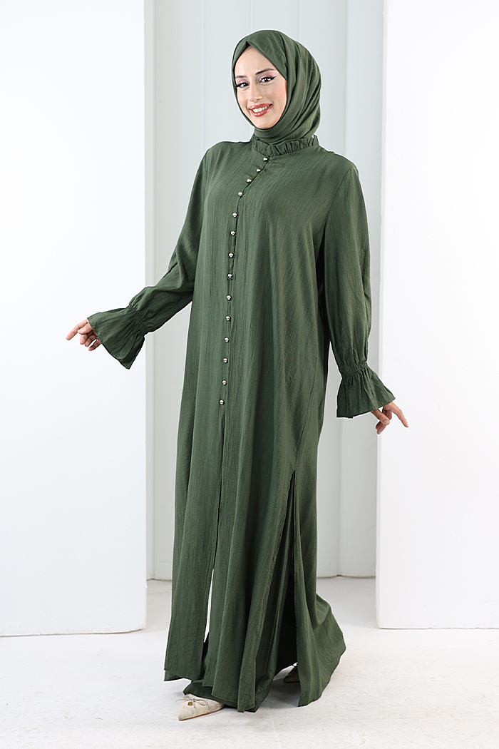 Hac Umre Takım Önü Düğmeli Tunik,Pantolon ŞAL HEDİYE 8014 Haki - 3