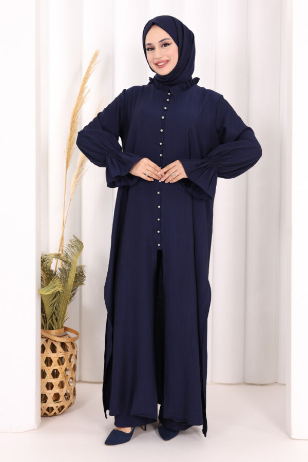 Hac  Umre Takım Önü Düğmeli Tunik,Pantolon  ŞAL  HEDİYE  8014 Lacivert - 1